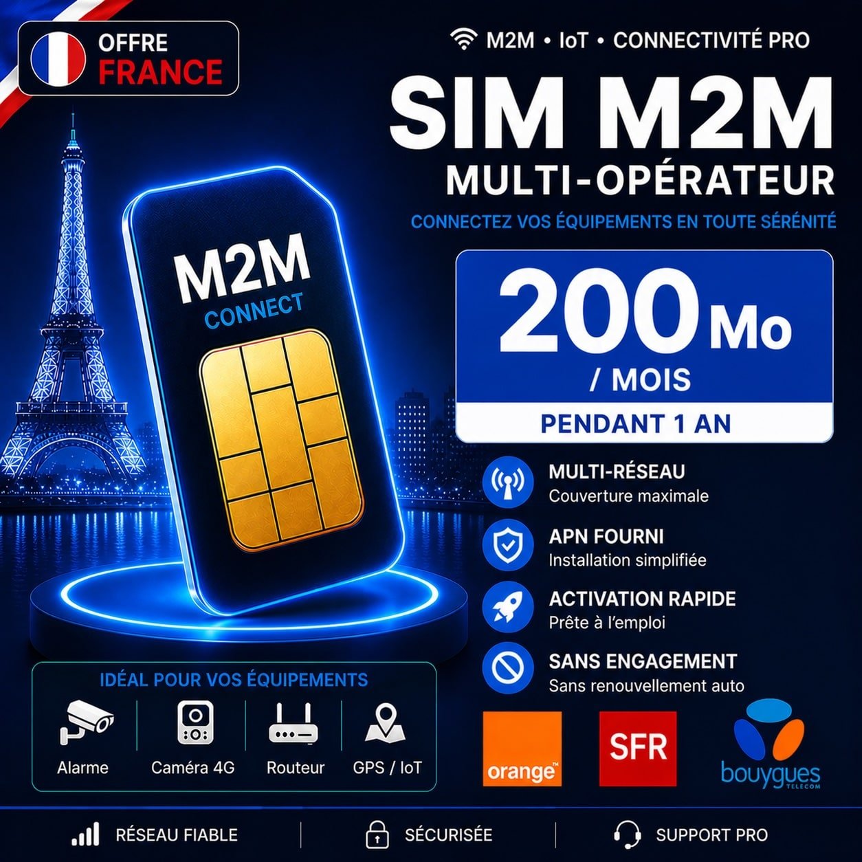 Carte SIM M2M multi-opérateur 200 Mo pour alarme caméra 4G IoT