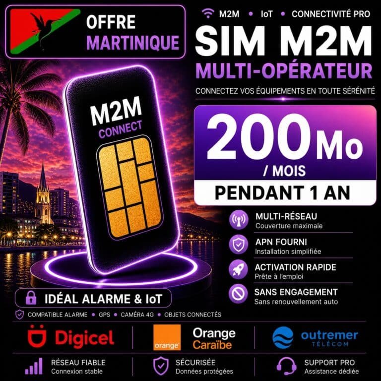 Carte SIM M2M Martinique multi-opérateur – forfait 200 Mo par mois pendant 12 mois