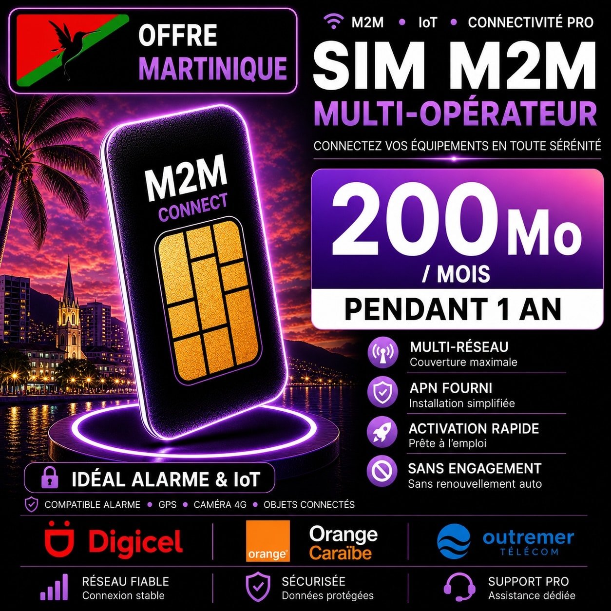 Carte SIM M2M Martinique 200 Mo multi opérateur pour alarme Ajax GPS caméra 4G IoT avec réseaux Digicel Orange Caraïbe Outremer Télécom sans engagement pendant 1 an