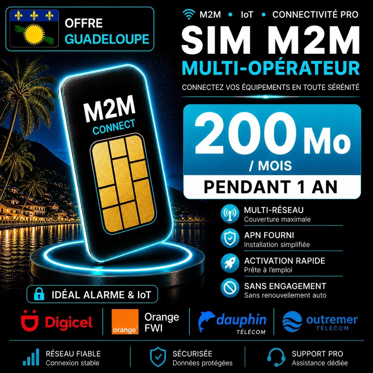 Carte SIM M2M Guadeloupe 200 Mo par mois multi-opérateur Digicel Orange FWI Dauphin Télécom Outremer Télécom pour alarme IoT GPS sans engagement pendant 1 an
