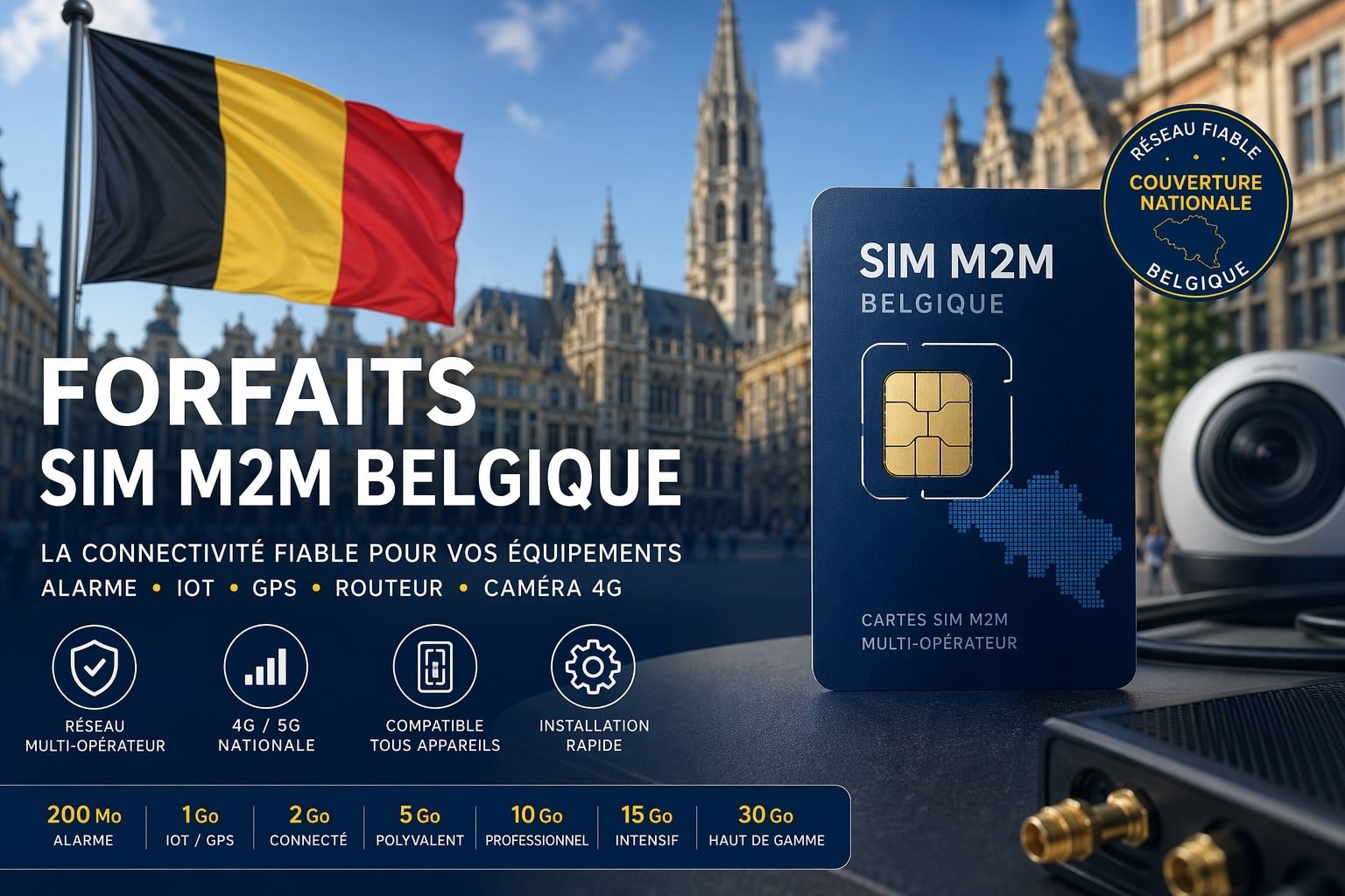 Forfaits Carte SIM M2M Belgique multi-opérateur pour alarme, IoT, GPS, caméra 4G et routeur avec couverture réseau 4G 5G fiable