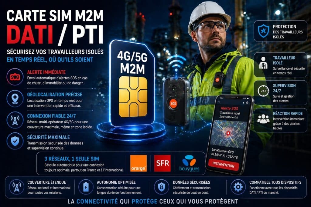 Carte SIM M2M pour dispositif DATI PTI avec alerte SOS, géolocalisation et surveillance en temps réel des travailleurs isolés