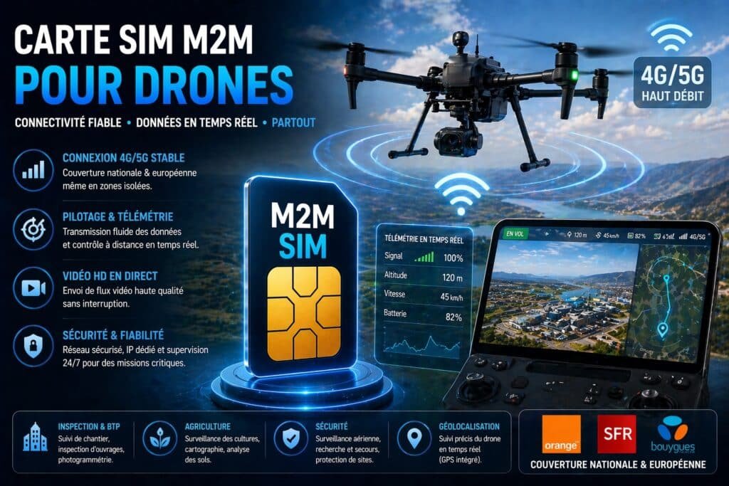 Drone professionnel connecté avec carte SIM M2M permettant transmission de données et vidéo en temps réel via réseau 4G 5G
