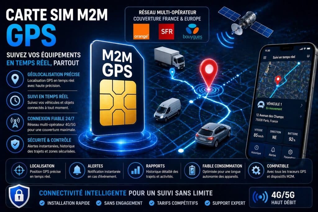 Carte SIM M2M pour traceur GPS permettant la géolocalisation en temps réel de véhicules et objets connectés avec connexion 4G multi-opérateur