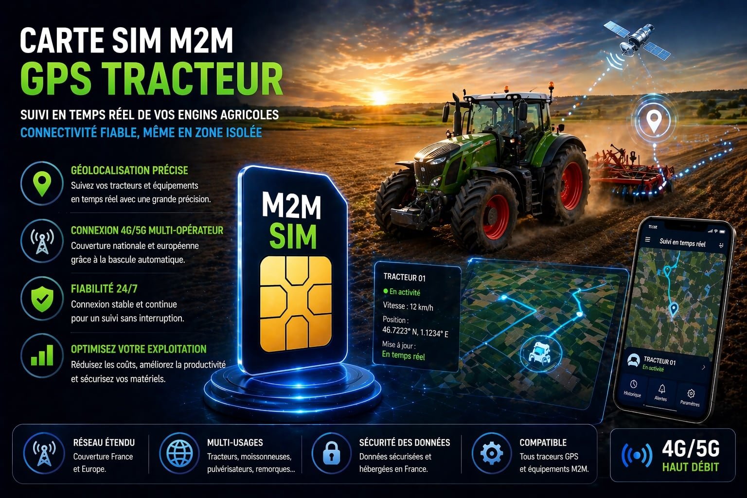 Tracteur agricole connecté avec géolocalisation GPS via carte SIM M2M en temps réel