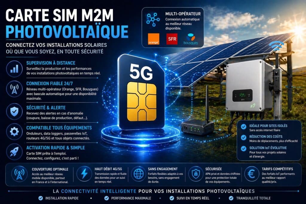 Carte SIM M2M multi-opérateur pour installation photovoltaïque avec monitoring solaire à distance, connexion 4G fiable et supervision en temps réel