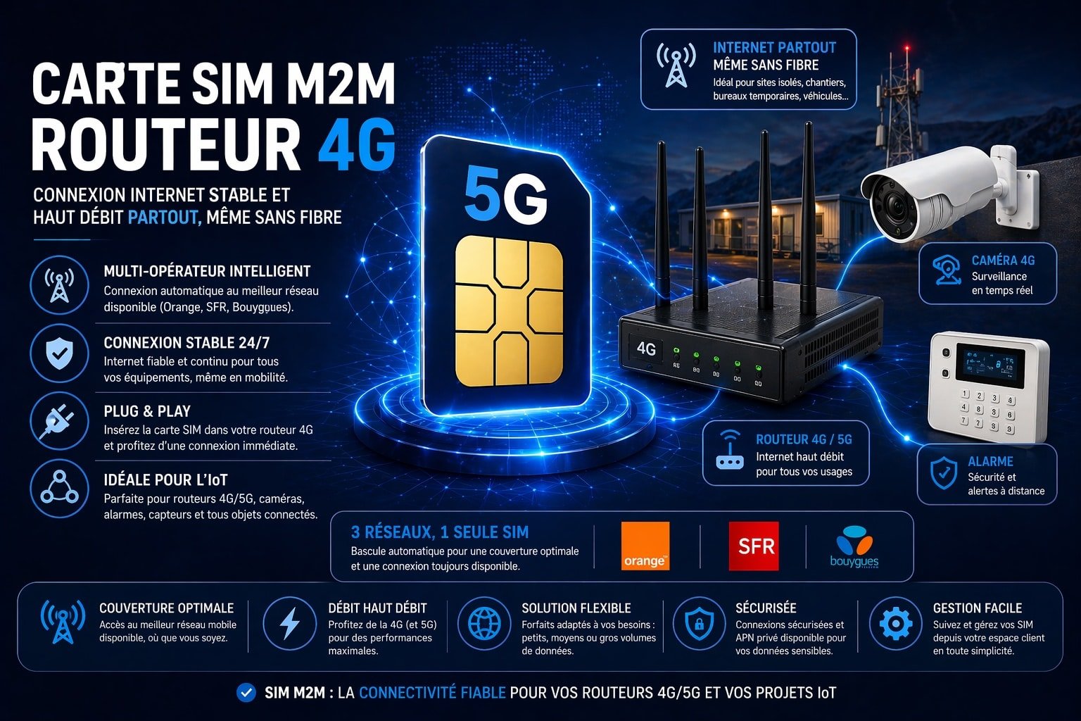carte sim m2m routeur 4g multi operateur internet sans fibre connexion stable iot camera alarme