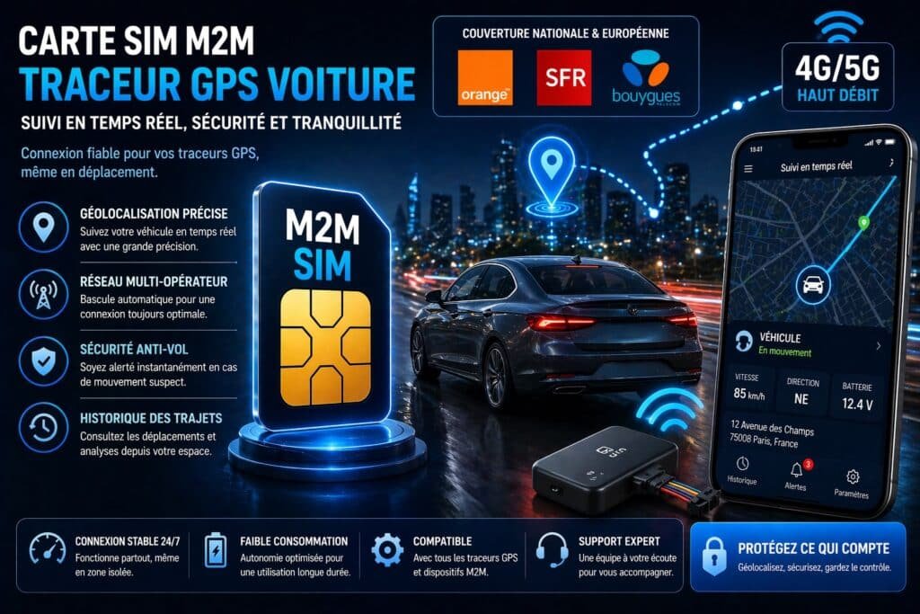 Voiture équipée d’un traceur GPS connecté avec carte SIM M2M pour suivi en temps réel et protection anti-vol