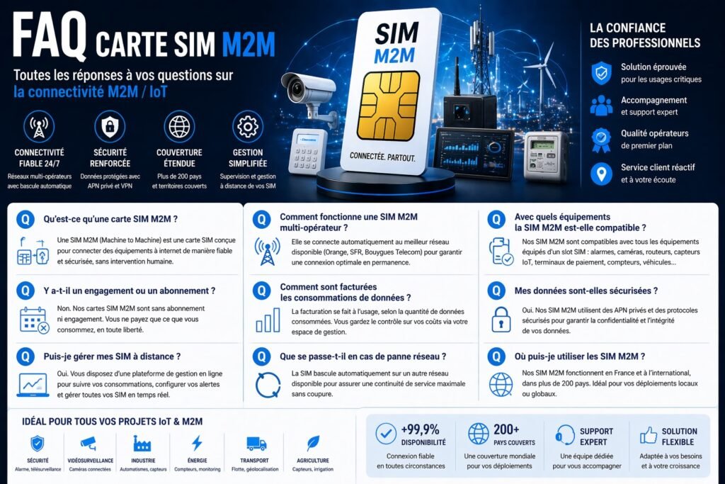 faq carte sim m2m iot multi operateur questions reponses fonctionnement alarme videosurveillance connexion securisee