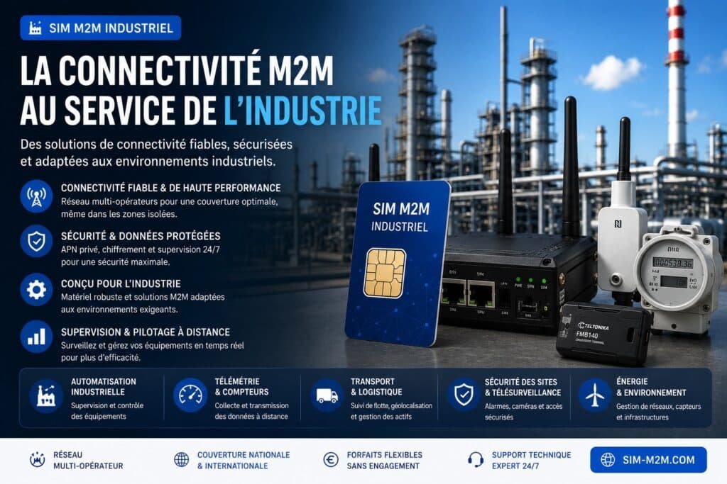 Carte SIM M2M industrielle multi-opérateur avec routeur 4G 5G, automate IoT, télémétrie, supervision industrielle, télégestion et connectivité sécurisée APN privé pour sites industriels et infrastructures critiques.
