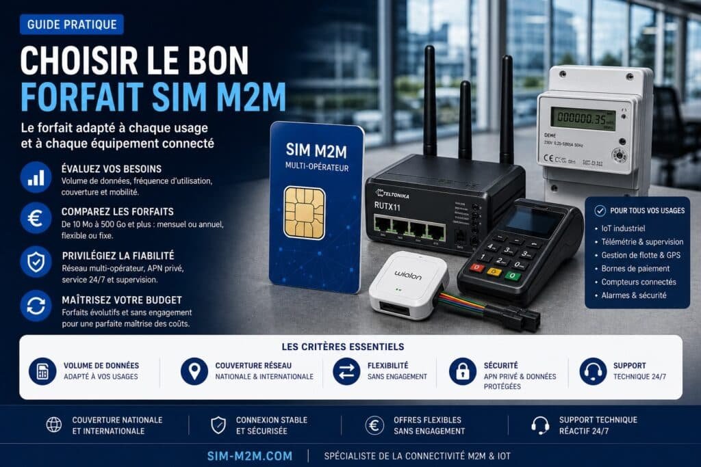 Comparatif de forfaits SIM M2M multi-opérateur pour objets connectés IoT, routeurs 4G 5G, télémétrie industrielle, GPS, alarmes et équipements professionnels avec connectivité sécurisée.