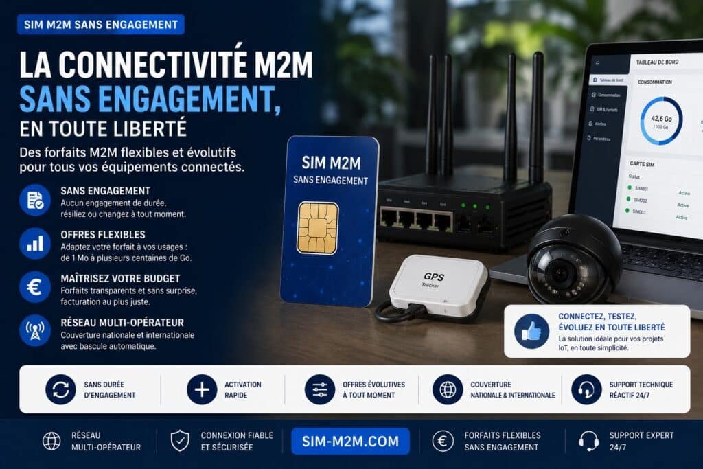 Carte SIM M2M sans engagement multi-opérateur pour routeur 4G 5G, GPS, vidéosurveillance, alarme connectée et objets IoT avec forfait flexible et connectivité sécurisée.