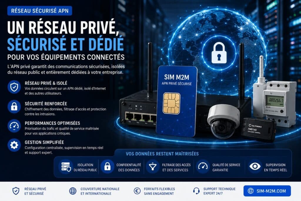 Carte SIM M2M avec APN privé sécurisé pour IoT industriel, vidéosurveillance, routeur 4G 5G, télémétrie et équipements connectés avec réseau privé multi-opérateur sécurisé.