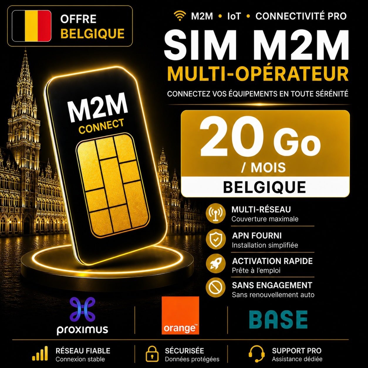 Carte SIM M2M Multi-opérateur 20 Go Belgique - Proximus Orange Base pour internet professionnel IoT