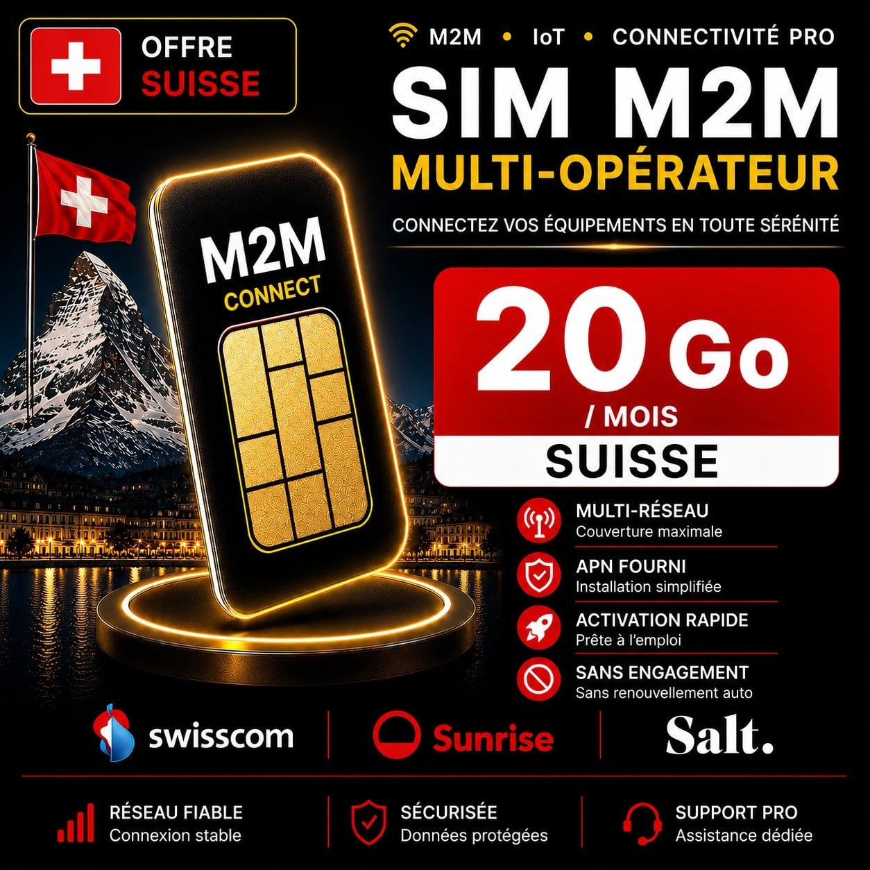 Carte SIM M2M Multi-opérateur 20 Go Suisse – Caméra 4G Usage intensif