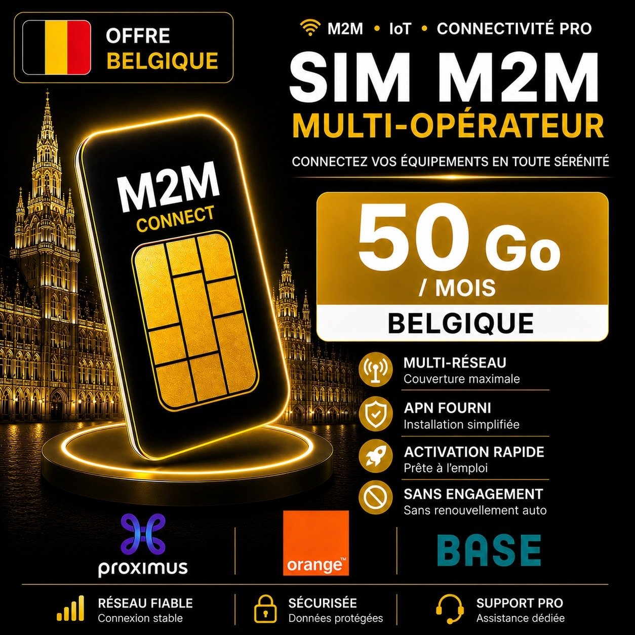 Carte SIM M2M Multi-opérateur 50 Go Belgique - Proximus Orange Base pour routeur 5G haut débit pro