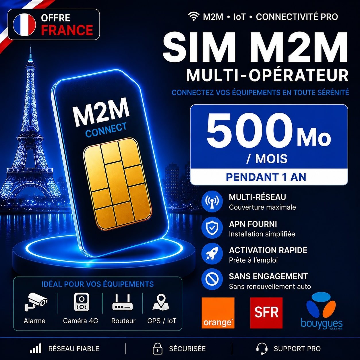 Carte SIM M2M 500 Mo multi-opérateur France pendant 1 an compatible Orange SFR Bouygues pour alarme AJAX, photovoltaïque, routeur 4G et objets connectés IoT