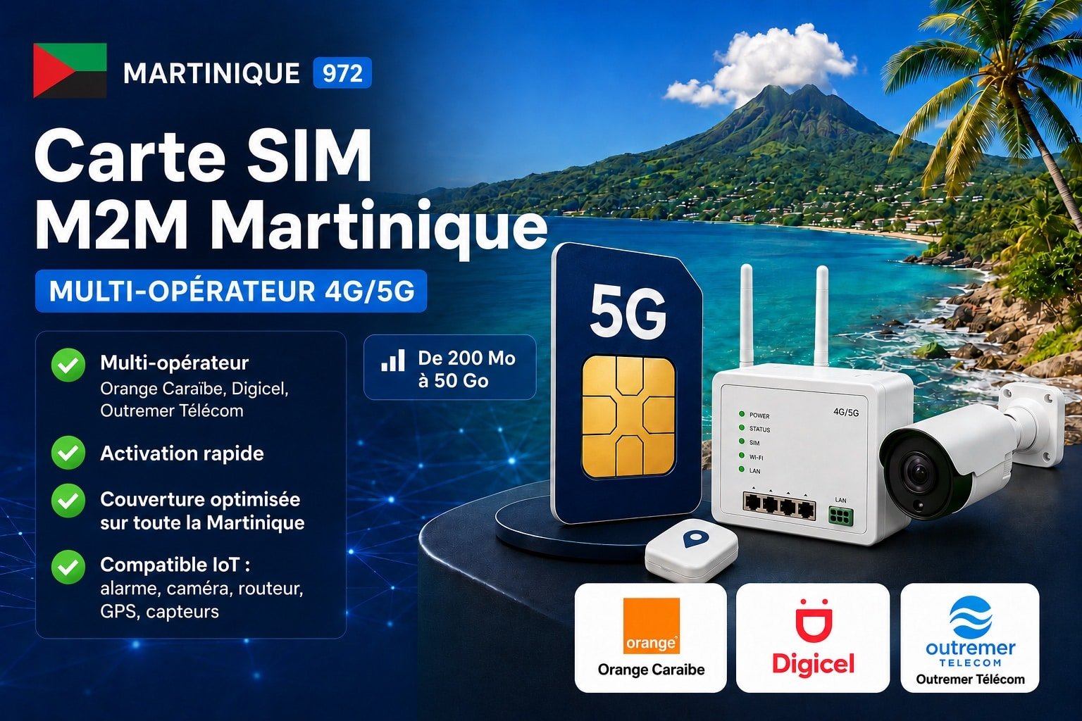 Carte SIM M2M Martinique multi-opérateur 4G/5G compatible Orange Caraïbe, Digicel et Outremer Télécom pour alarme, GPS, caméra, routeur et IoT.