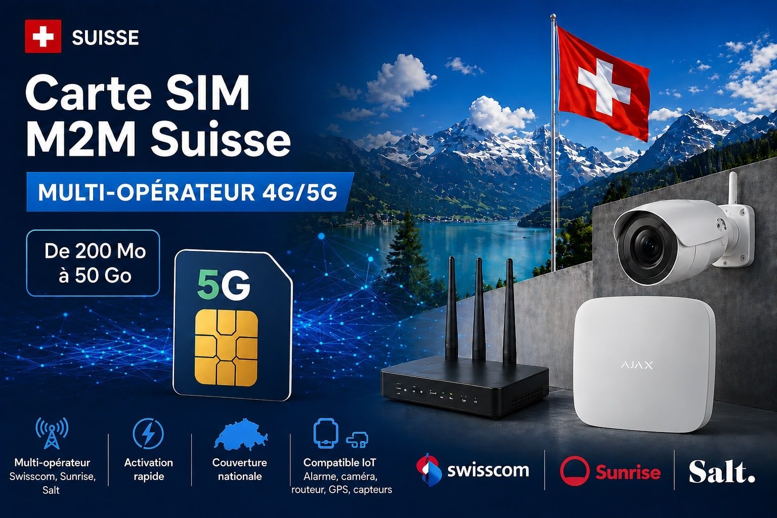 Carte SIM M2M Suisse multi-opérateur 4G/5G avec Swisscom, Sunrise et Salt pour alarme AJAX, Hub 2 Plus, caméra, GPS, routeur et IoT.