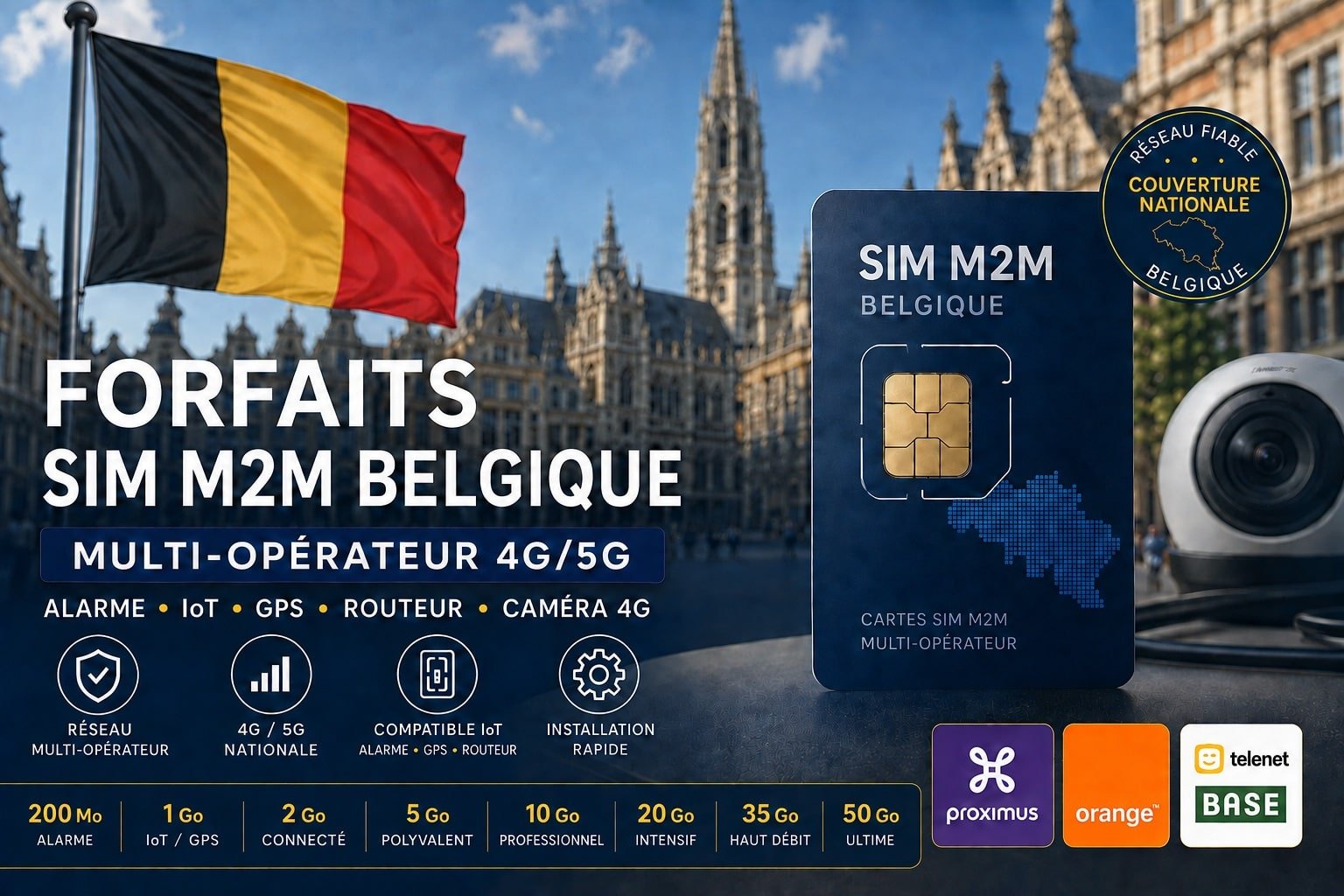 Forfaits SIM M2M Belgique multi-opérateur 4G/5G de 200 Mo à 50 Go avec Proximus, Orange et Telenet/BASE pour alarme, IoT, GPS, caméra et routeur.
