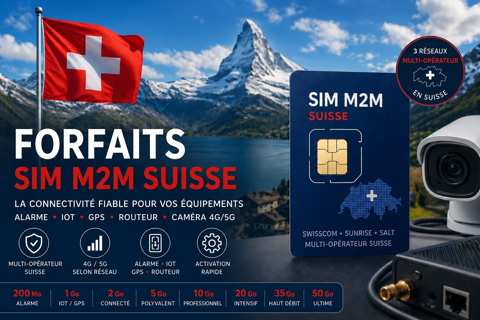 Forfaits SIM M2M Suisse multi-opérateur de 200 Mo à 50 Go sur Swisscom, Sunrise et Salt pour alarme, IoT, GPS et routeur 4G/5G